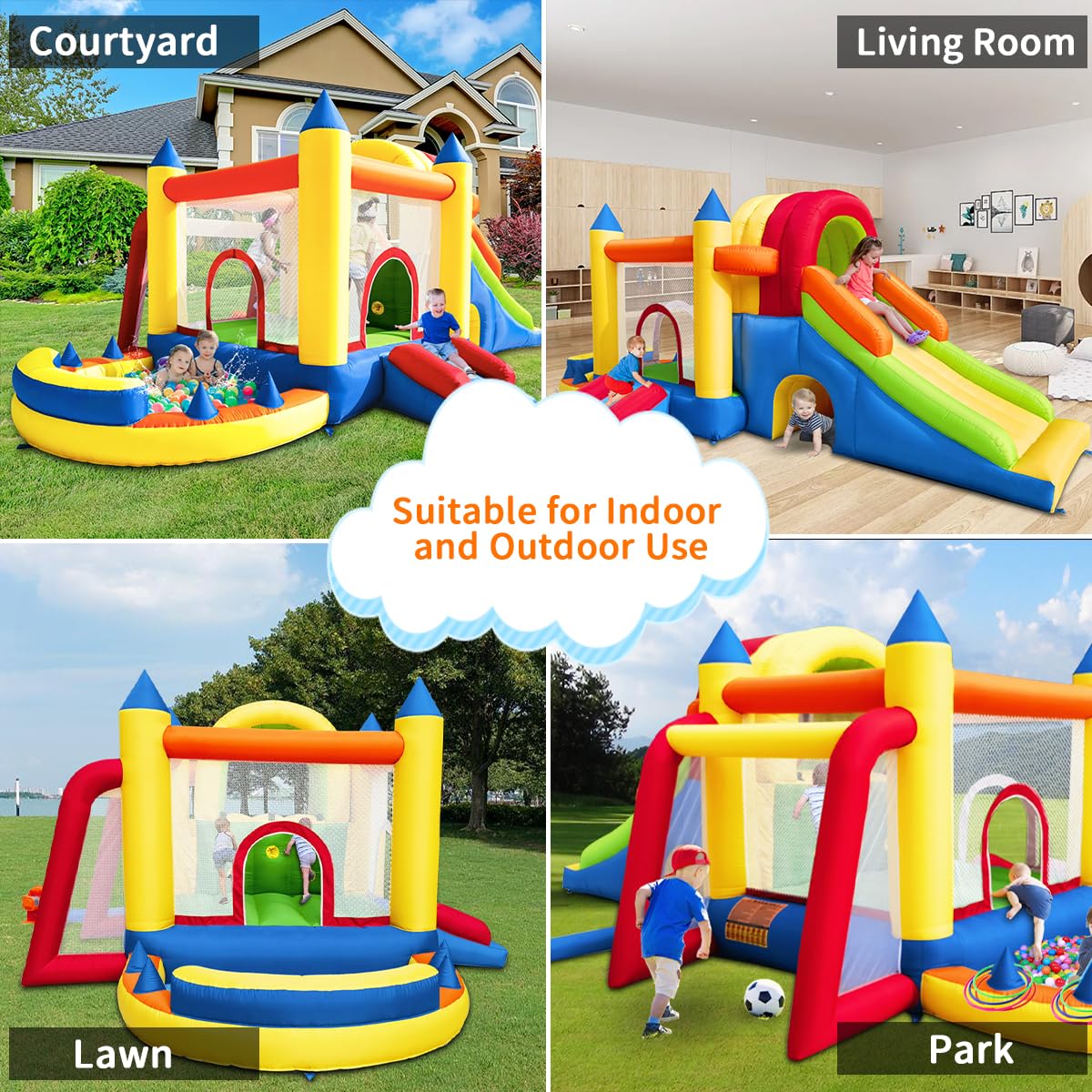 Hongcoral 8-in-1 Inflatable Bounce House with Blower & 2 Slides for Kids