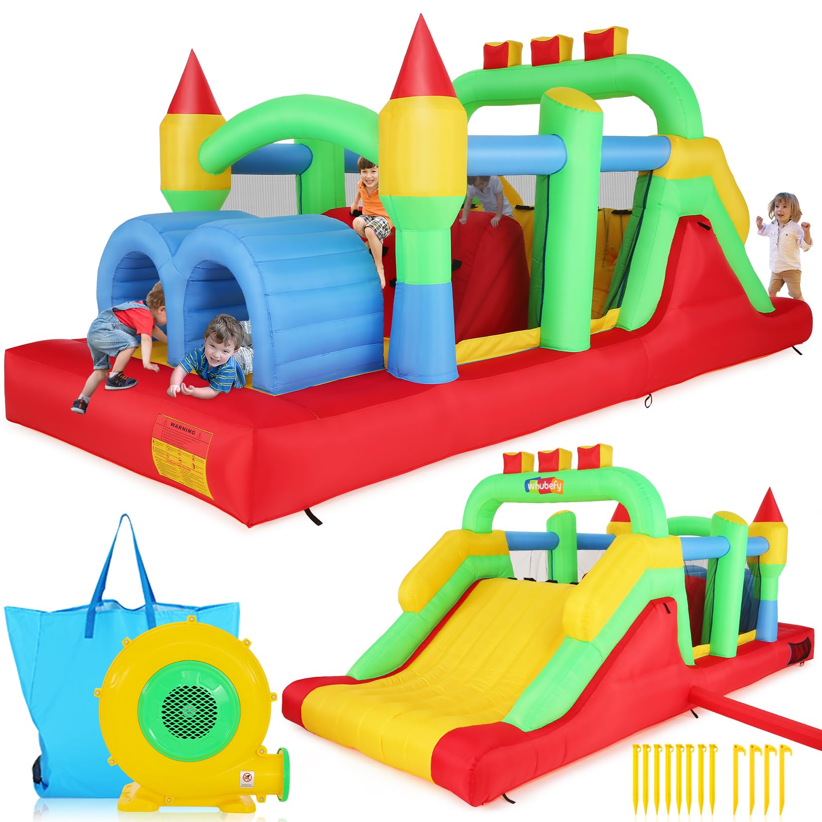 Whubefy Inflatable Obstacle Course for Big Kids – Slide, Tunnels & Blower (18x8.2x6.6 ft)