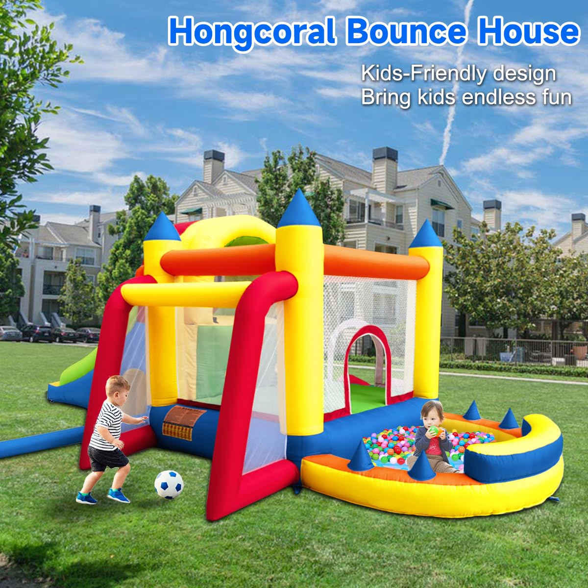 Hongcoral 8-in-1 Inflatable Bounce House with Blower & 2 Slides for Kids