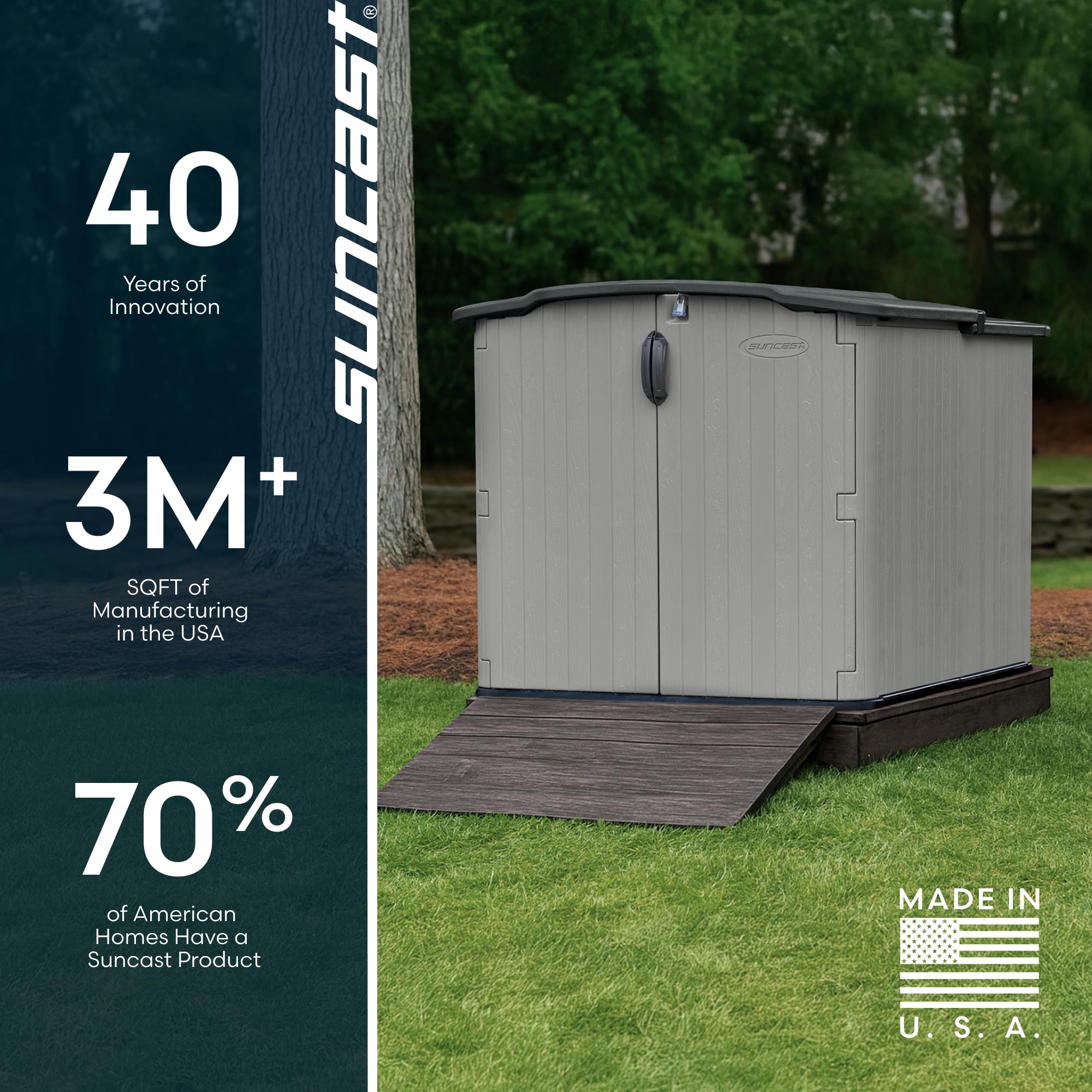 Suncast 138 Cu Ft Outdoor Storage Shed – Sliding Lid for Bikes, Mowers & More (Made in USA)