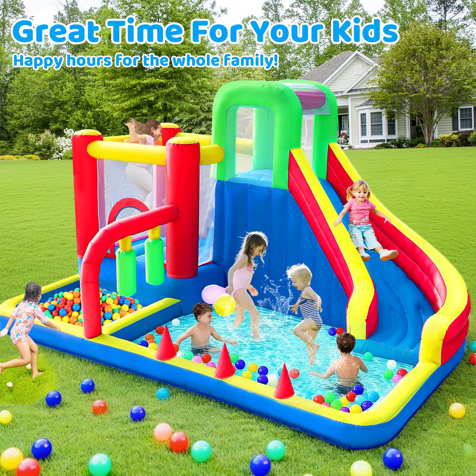 PZGEQ 8-in-1 Bounce House for Kids with Blower & Slide – Indoor/Outdoor Fun