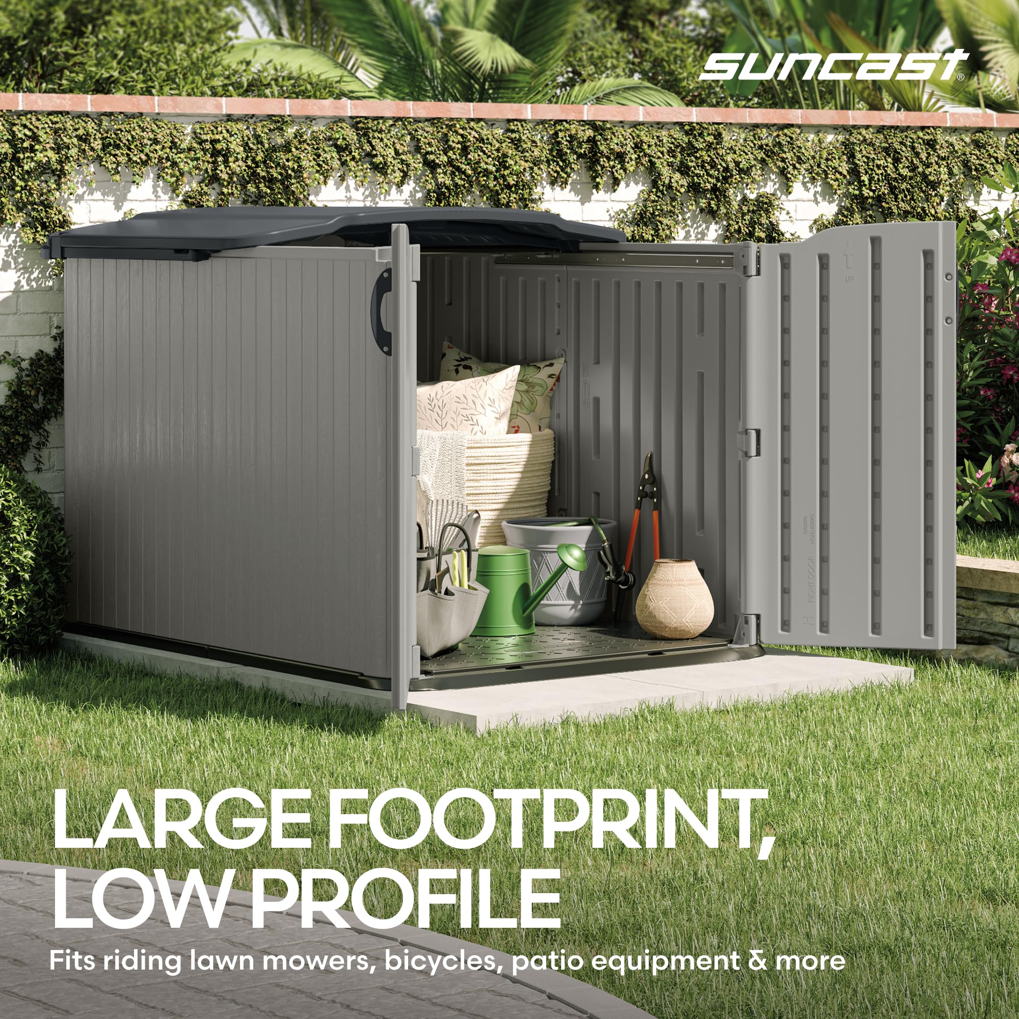 Suncast 138 Cu Ft Outdoor Storage Shed – Sliding Lid for Bikes, Mowers & More (Made in USA)