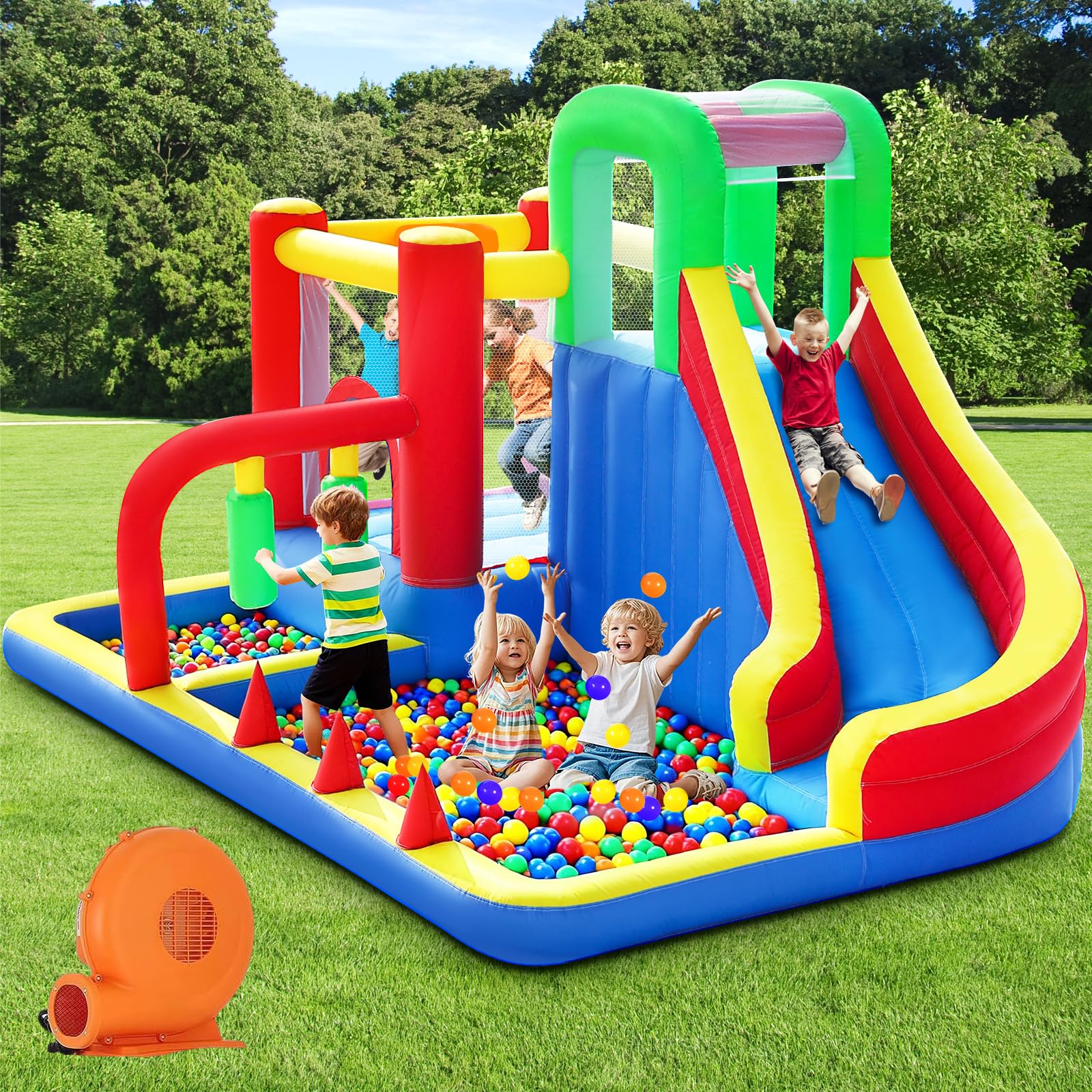 PZGEQ 8-in-1 Bounce House for Kids with Blower & Slide – Indoor/Outdoor Fun